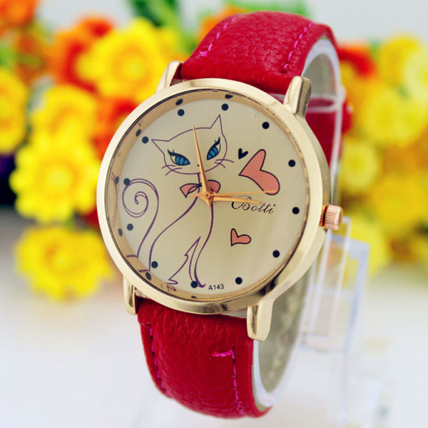 relogio feminino luxo de Fashion Women PU Leather Strap Analog Quartz Wrist Watch Cute Cat watches Clock Casual Dress watch