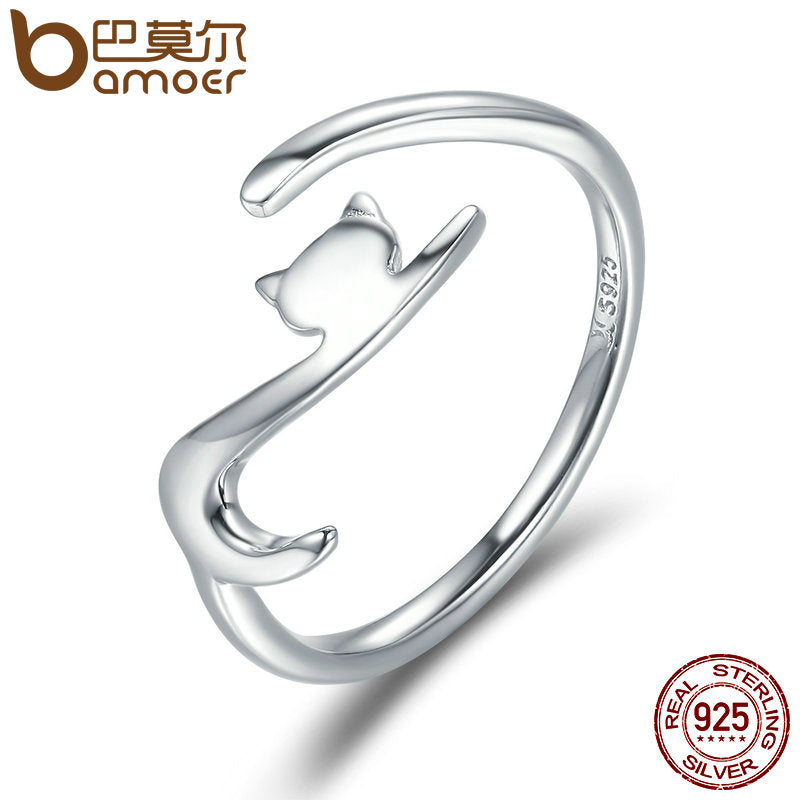 New 100% Sterling Silver Sticky Cat with Long Tail Finger Ring Women