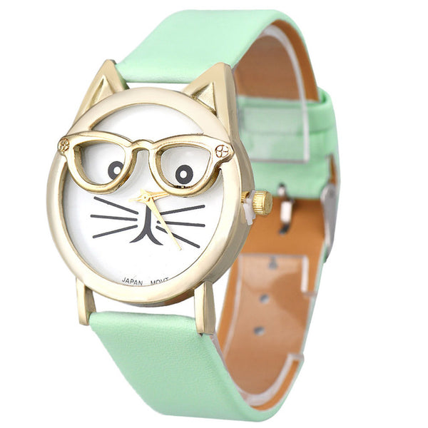 Watch Women Luxury Brand Date With Leather Printing Cat Face