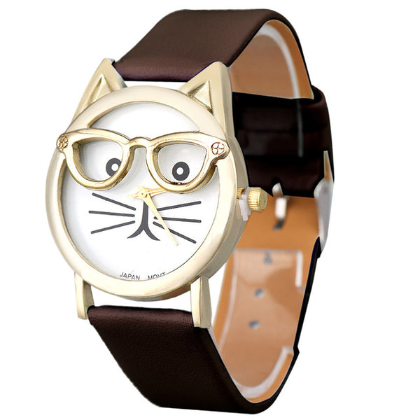 Watch Women Luxury Brand Date With Leather Printing Cat Face