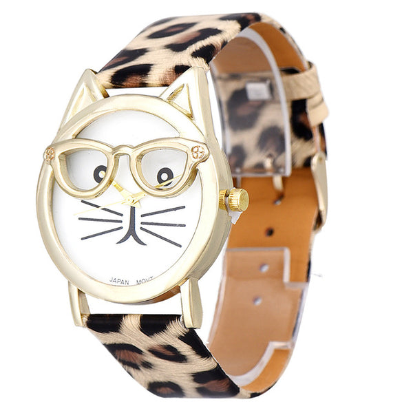 Watch Women Luxury Brand Date With Leather Printing Cat Face