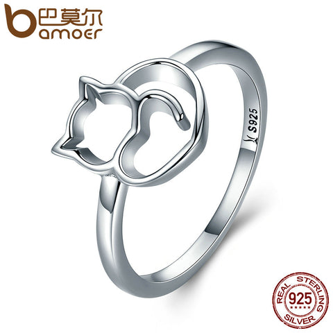 100% Sterling Silver Naughty Little Cat & Heart Finger Ring for Women